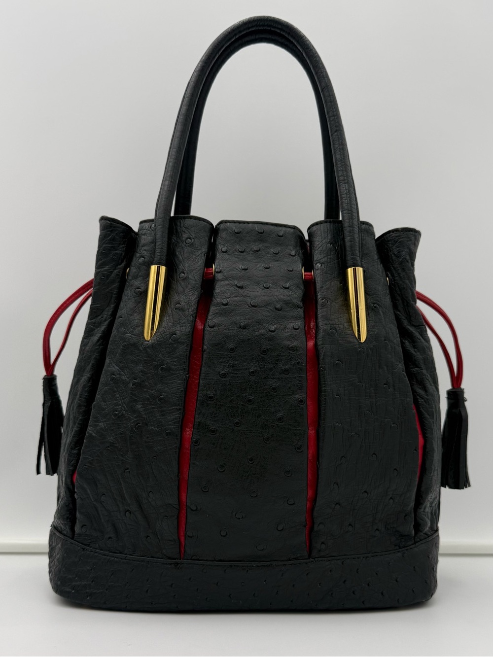 SANPŌ • Black & Red Exotic Genuine OSTRICH Bucket Bag w/ Pouch • Made in JAPAN - Picture 5 of 16